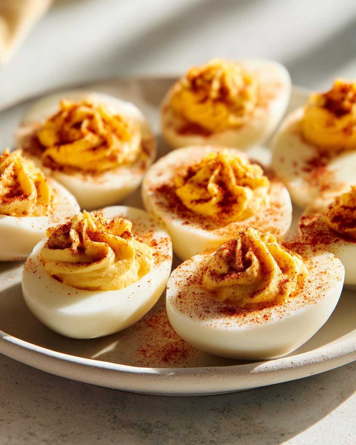Close-up of creamy Traditional Deviled Eggs piped high and dusted with paprika on a light-colored plate.