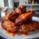 A pile of juicy, crispy grilled chicken wings coated in vibrant orange Buffalo sauce on a white plate.