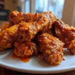 A pile of perfectly cooked, crispy grilled chicken wings generously coated in vibrant orange Buffalo sauce on a white plate.