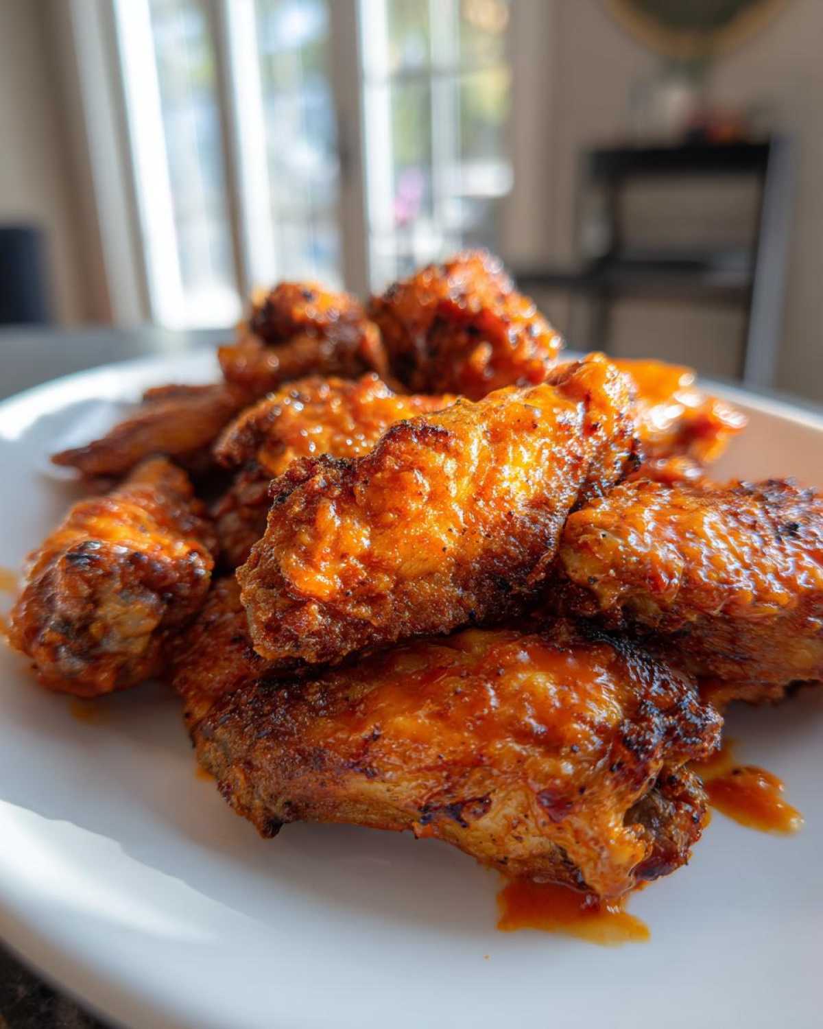 A pile of perfectly cooked, crispy grilled chicken wings coated in shiny, bright orange Buffalo sauce on a white plate.