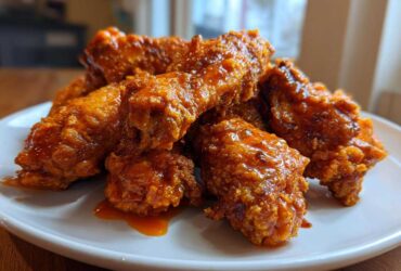 A pile of perfectly cooked, crispy grilled chicken wings generously coated in vibrant orange Buffalo sauce on a white plate.