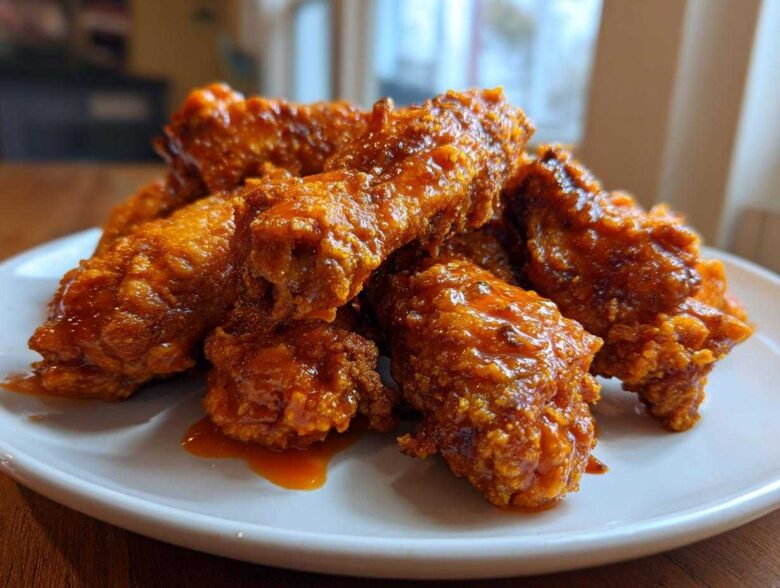 A pile of perfectly cooked, crispy grilled chicken wings generously coated in vibrant orange Buffalo sauce on a white plate.
