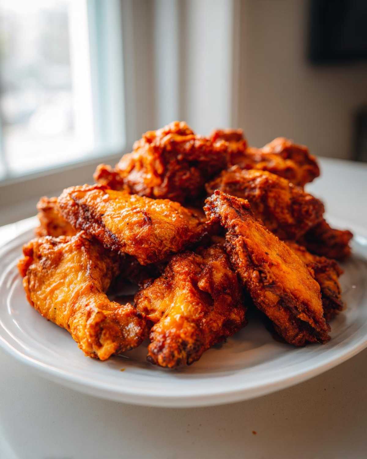 A mound of perfectly cooked, glossy Crispy Grilled Chicken Wings with Buffalo Sauce piled high on a white plate.