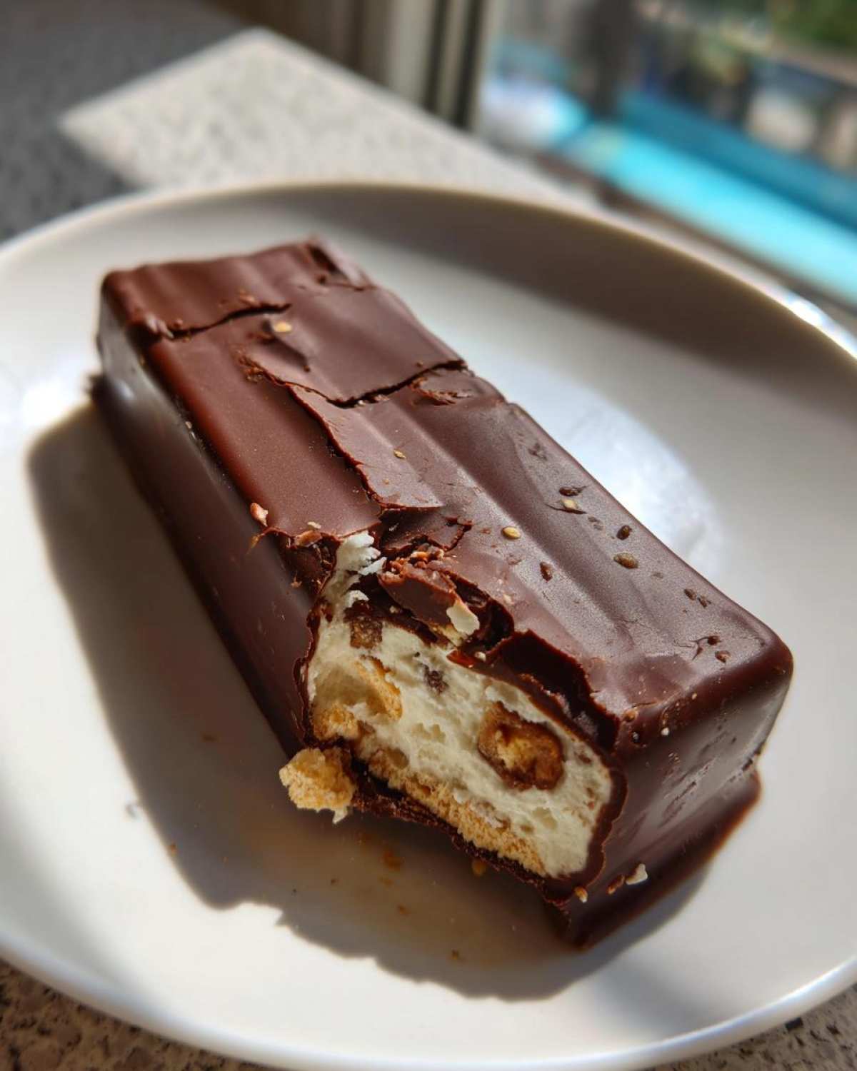 Close-up of a Dubai Chocolate Bar Ice Cream Bar with a bite taken out, revealing the nougat and biscuit filling under the chocolate shell.