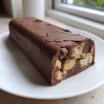 A close-up of a rich, chocolate-coated Dubai Chocolate Bar Ice Cream Bar with a creamy center and crunchy biscuit pieces.