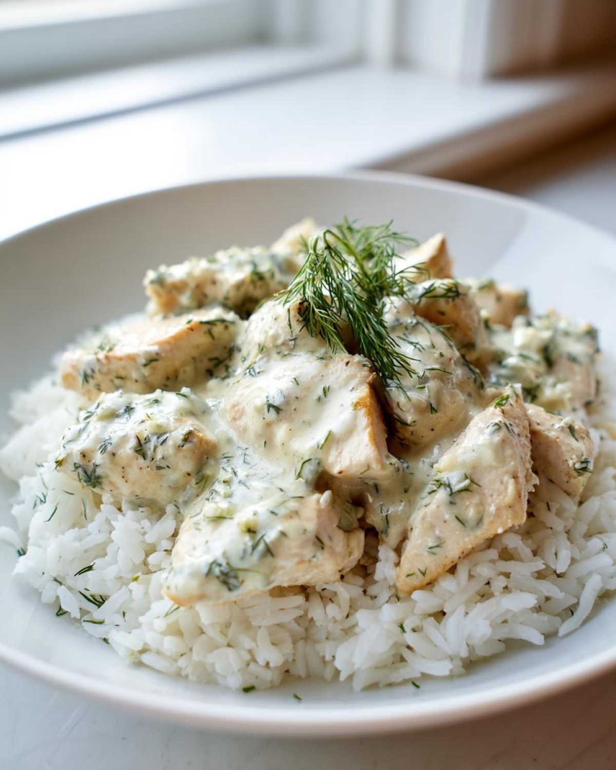 Close-up of Dump-and-Bake Chicken Tzatziki served over fluffy white rice, topped with a creamy dill sauce.