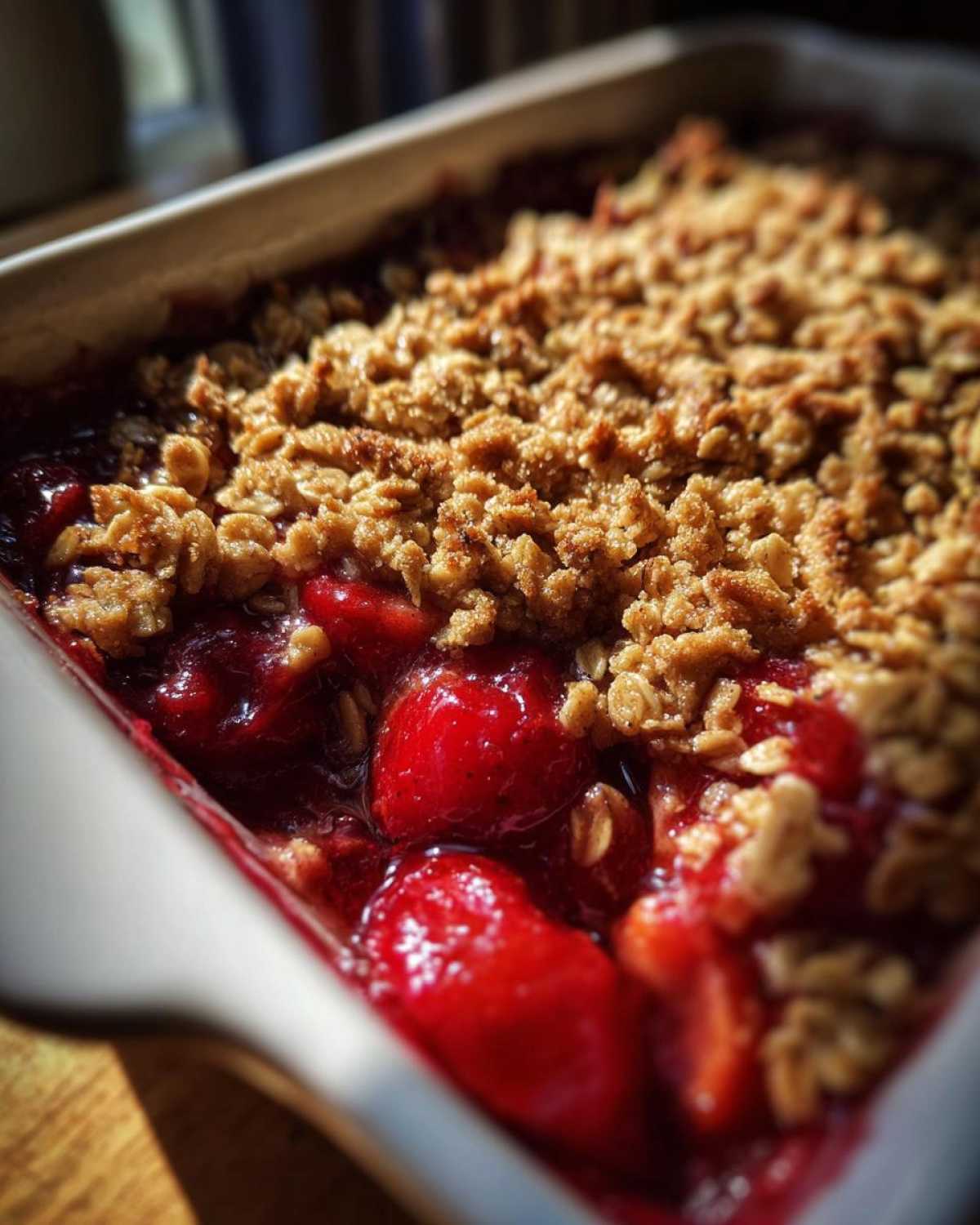 Close-up of a freshly baked Easy Cherry Crisp in a white baking dish, showing bubbling red fruit filling and a golden oat topping.