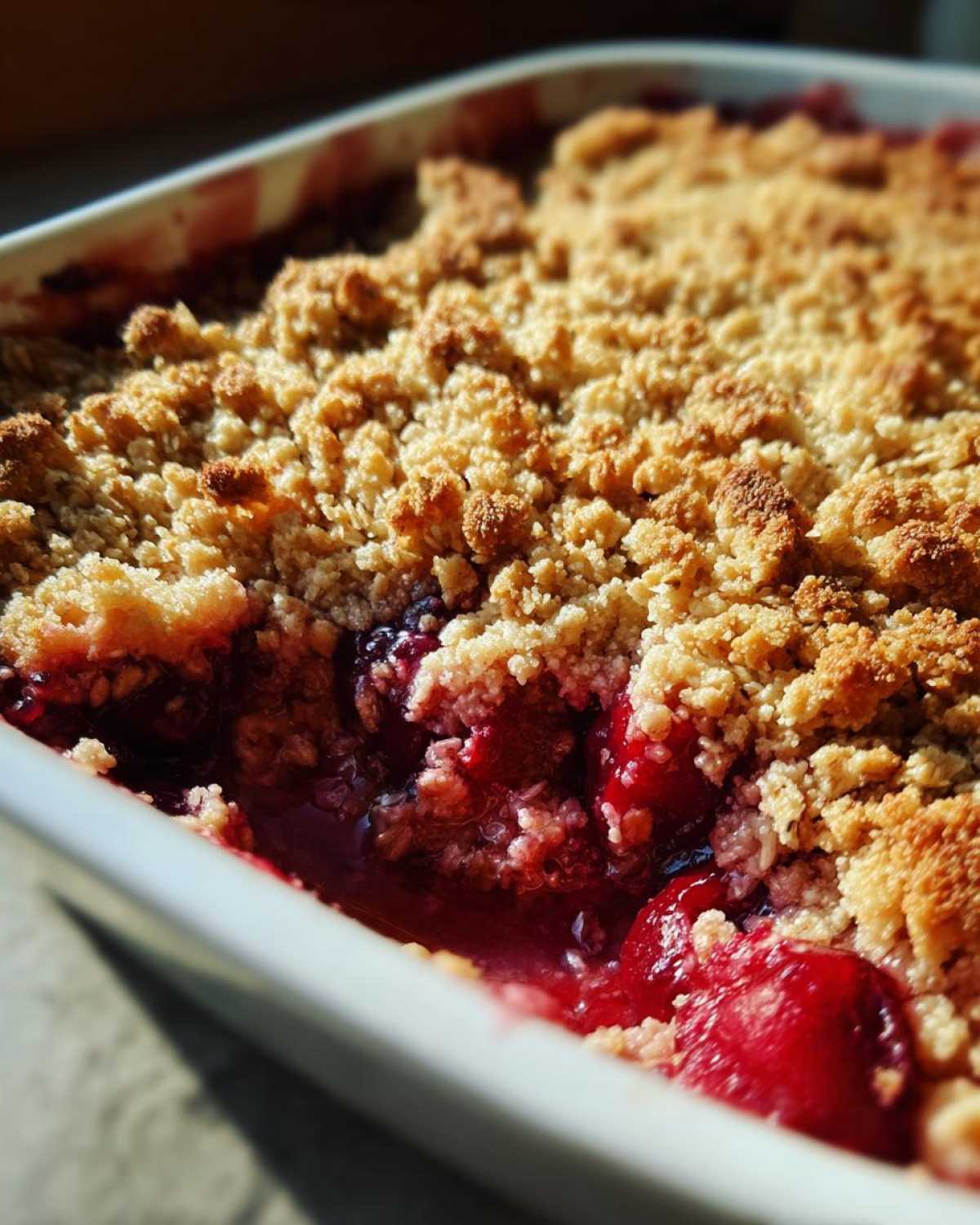 A close-up view of a bubbling, juicy Easy Cherry Crisp with a golden, crumbly oat topping baked in a white dish.