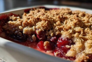 Close-up of a golden, crumbly topping over bubbling red cherries in an Easy Cherry Crisp.