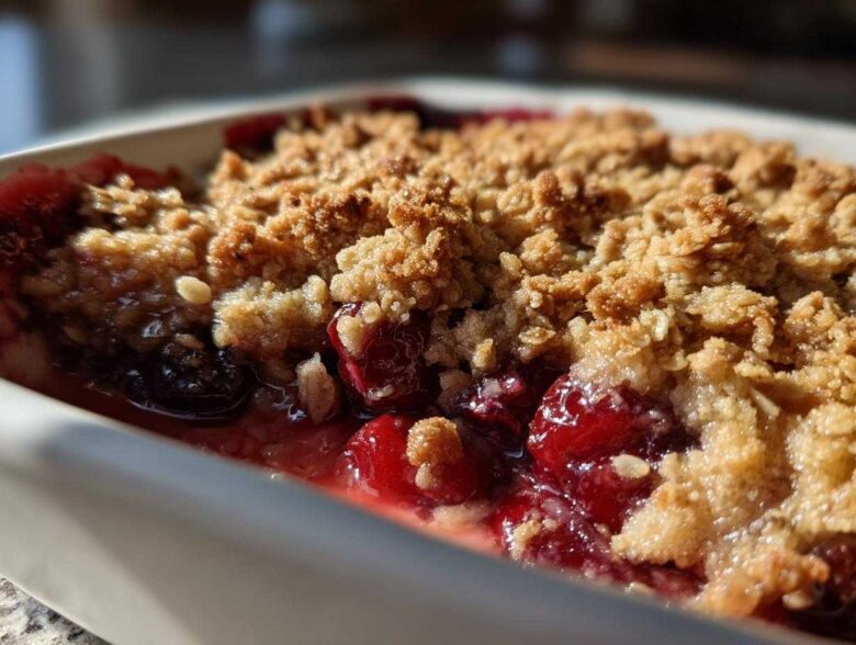 Close-up of a golden, crumbly topping over bubbling red cherries in an Easy Cherry Crisp.