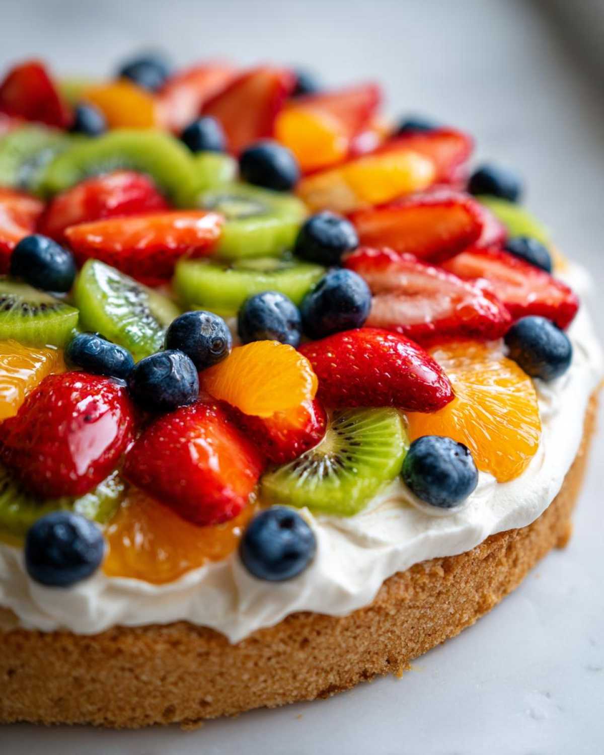 Close-up of an Easy Fruit Pizza with Sugar Cookie Crust topped with whipped cream, strawberries, kiwi, blueberries, and mandarin oranges.