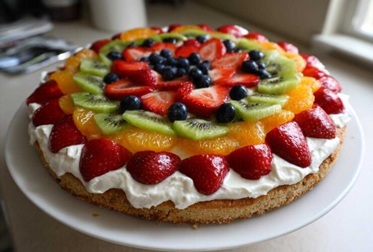 A vibrant Easy Fruit Pizza featuring a sugar cookie crust, whipped topping, and colorful fresh fruit.