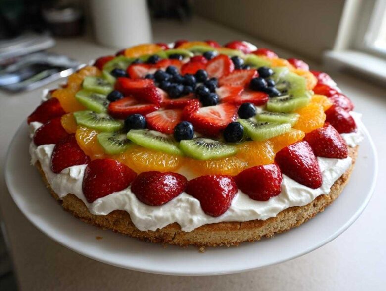 A vibrant Easy Fruit Pizza featuring a sugar cookie crust, whipped topping, and colorful fresh fruit.