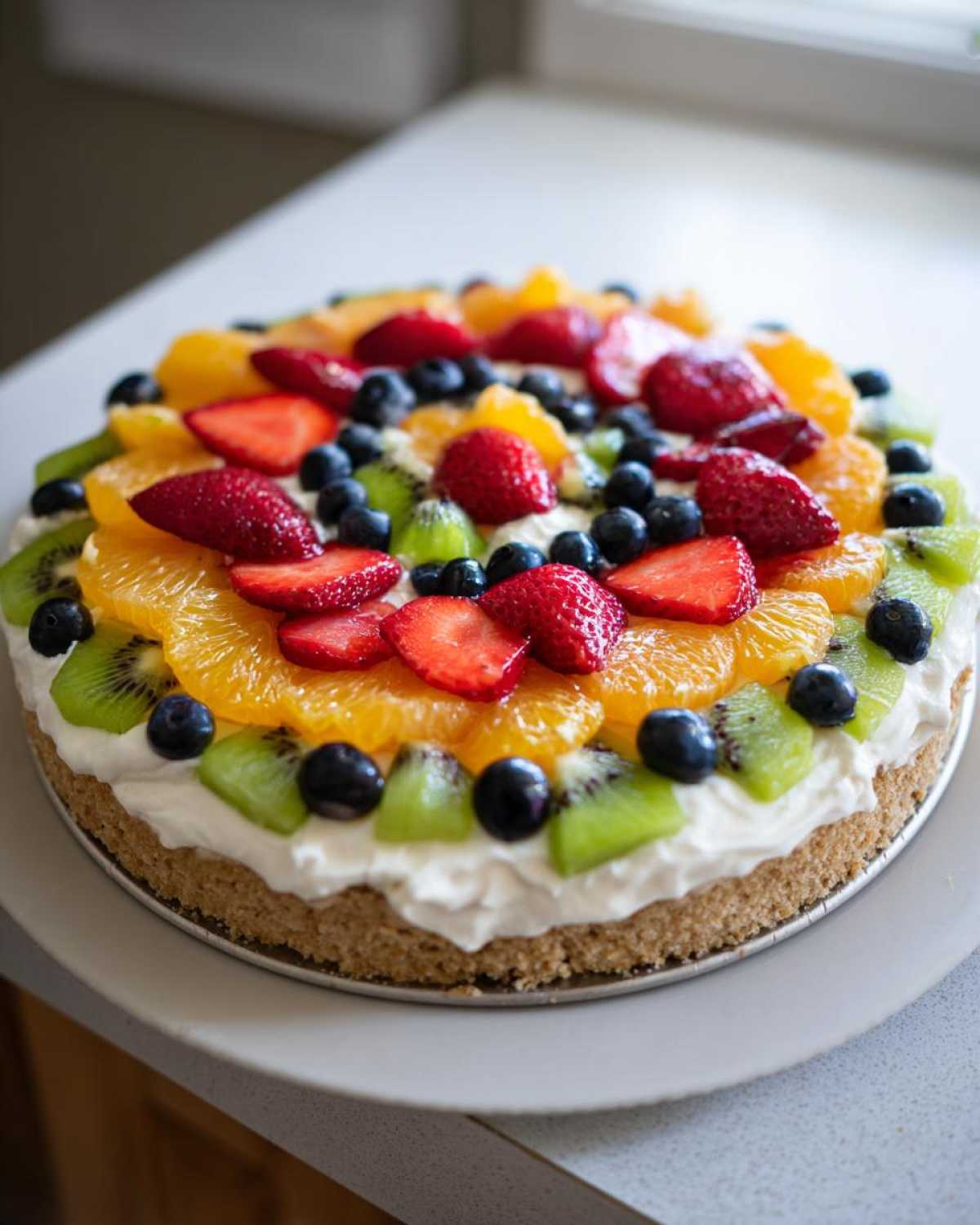 A colorful Easy Fruit Pizza with a sugar cookie crust, topped with whipped cream, strawberries, oranges, kiwi, and blueberries.