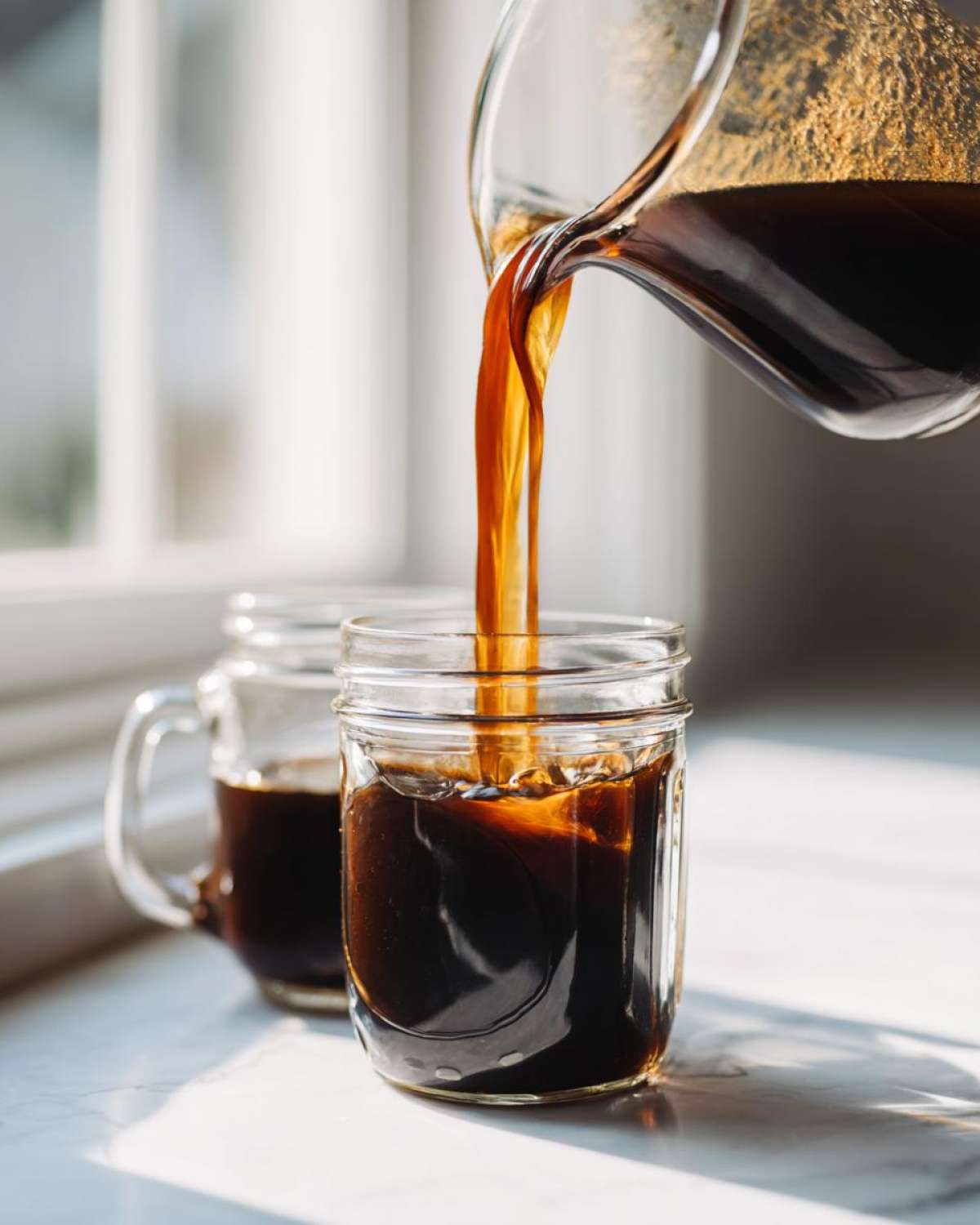 Pouring rich, dark Easy Homemade Cold Brew Coffee Concentrate from a glass pitcher into a mason jar.