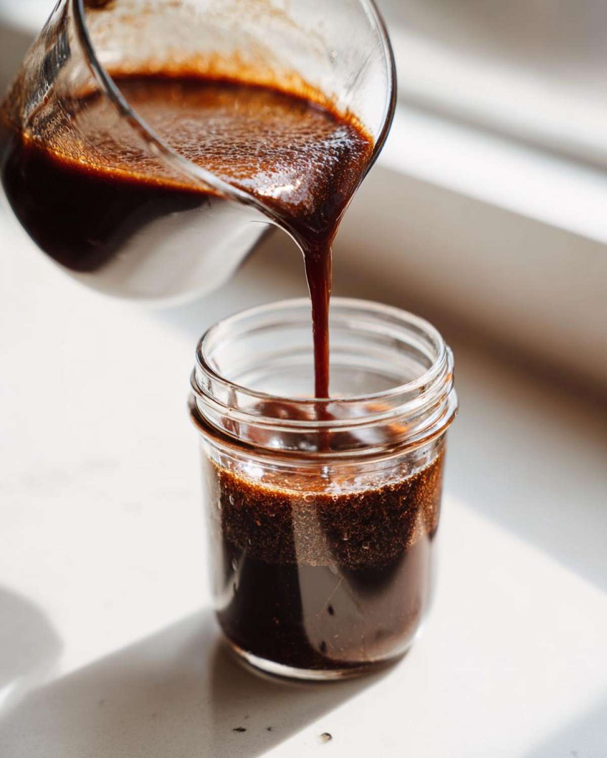 Pouring rich, dark Easy Homemade Cold Brew Coffee Concentrate from a glass pitcher into a small mason jar.