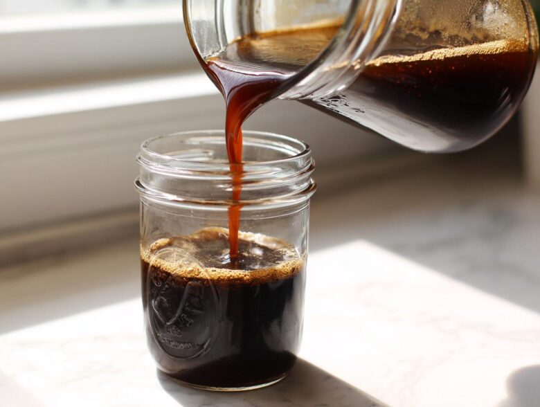 Dark, rich Easy Homemade Cold Brew Coffee Concentrate being poured from a glass container into a mason jar.