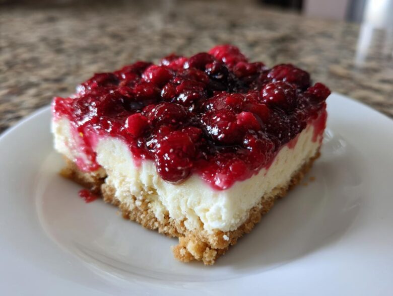 A close-up of one square slice of Easy No-Bake Cheesecake Bars with a thick layer of bright red berry topping.