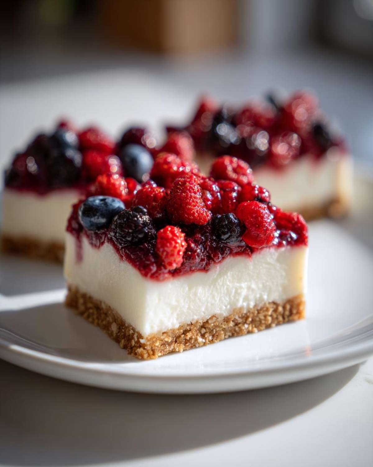 A close-up of two squares of Easy No-Bake Cheesecake Bars topped generously with mixed berries and jam.