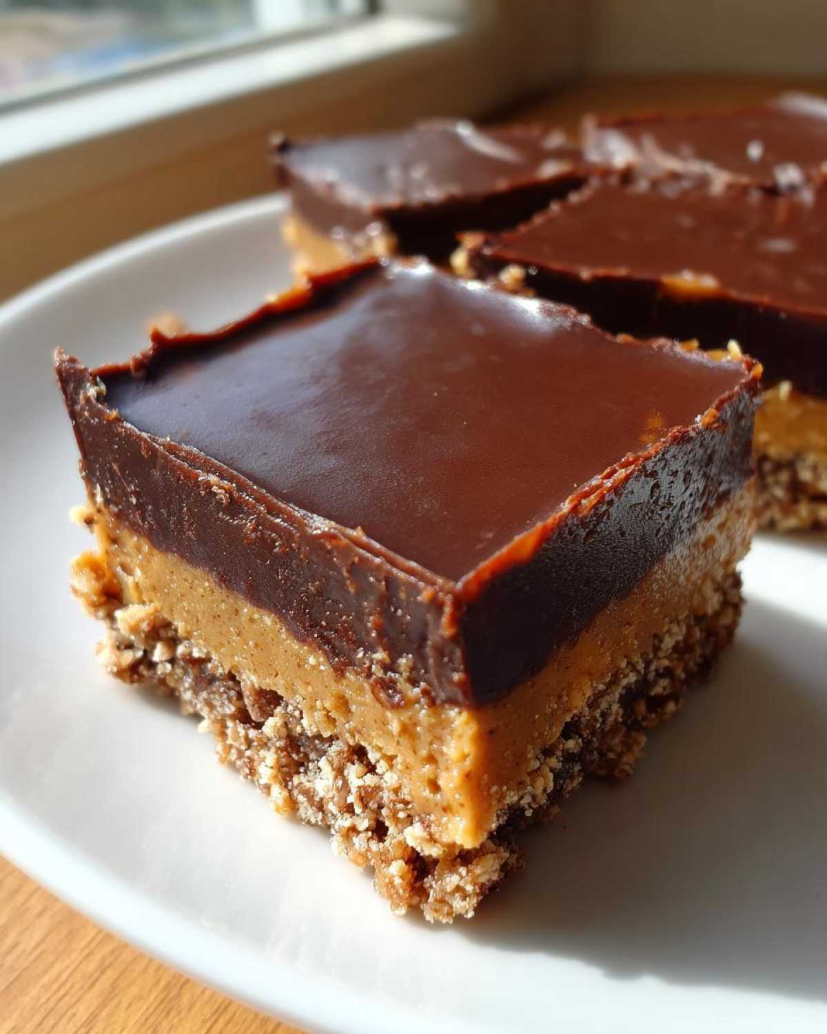 A square serving of Easy No-Bake Peanut Butter Chocolate Bars showing three distinct layers: a crumbly base, creamy peanut butter filling, and a smooth chocolate topping.