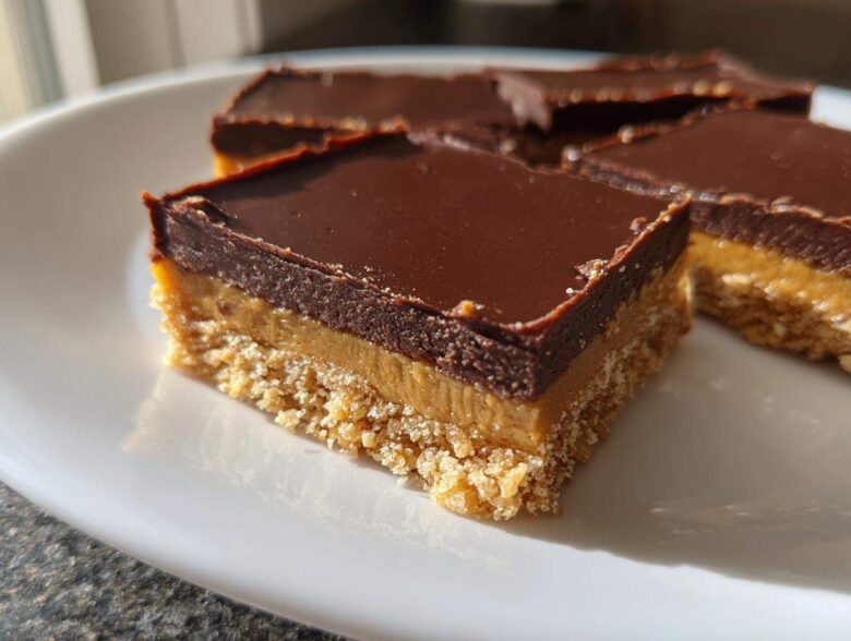 A close-up of a square Easy No-Bake Peanut Butter Chocolate Bars showing three distinct layers: crust, peanut butter filling, and chocolate topping.