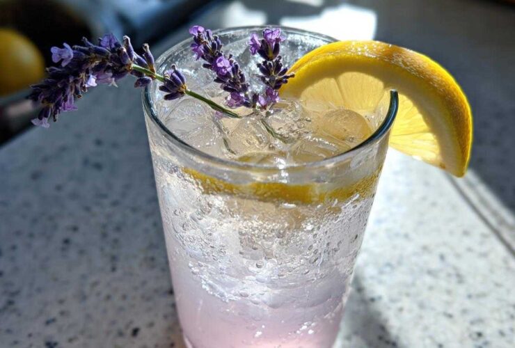 Close-up of a tall glass filled with ice and Fragrant Lavender Lemonade, garnished with fresh lavender sprigs and a lemon slice.