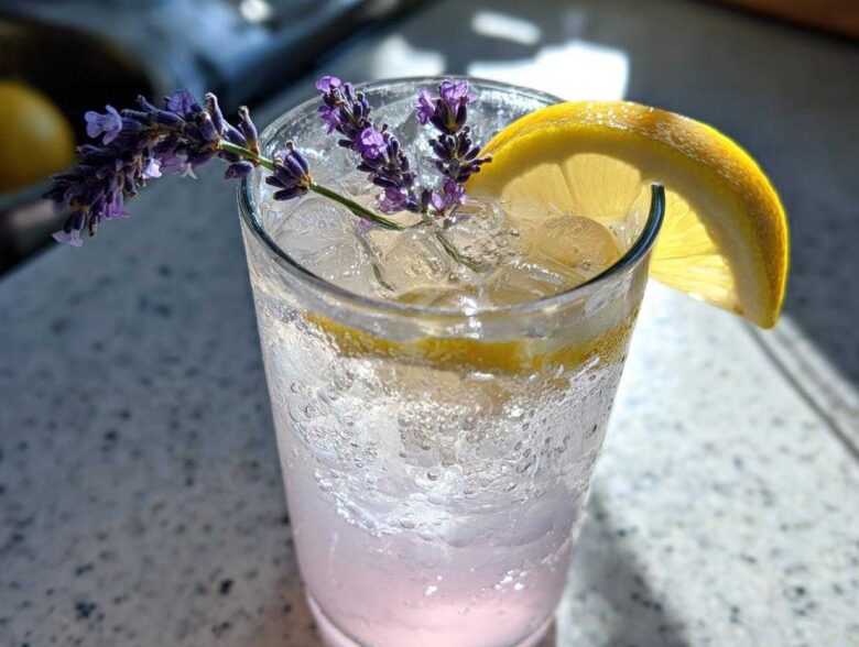 Close-up of a tall glass filled with ice and Fragrant Lavender Lemonade, garnished with fresh lavender sprigs and a lemon slice.