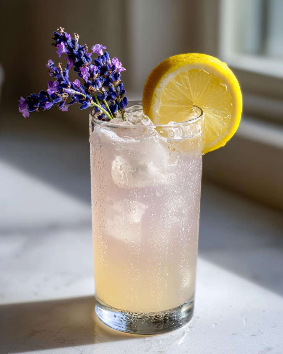 A tall glass of cold, bubbly Fragrant Lavender Lemonade garnished with fresh lavender sprigs and a lemon wheel.