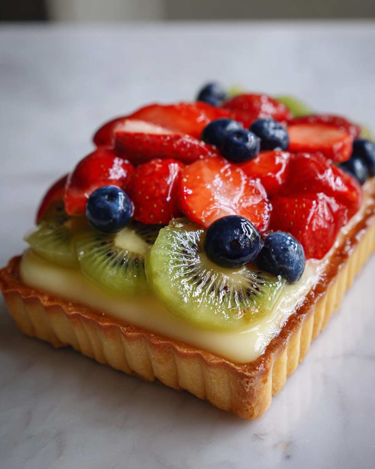 A rectangular Fresh Fruit Tart with Vanilla Pastry Cream topped with glazed strawberries, kiwi slices, and blueberries.