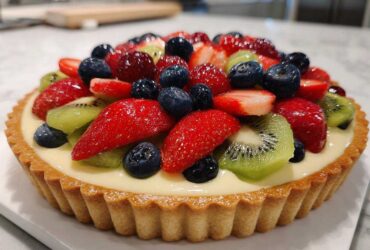A vibrant, finished Fresh Fruit Tart with Vanilla Pastry Cream topped with strawberries, blueberries, and kiwi slices.