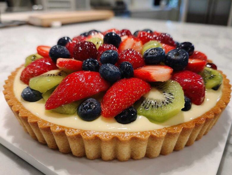 A vibrant, finished Fresh Fruit Tart with Vanilla Pastry Cream topped with strawberries, blueberries, and kiwi slices.