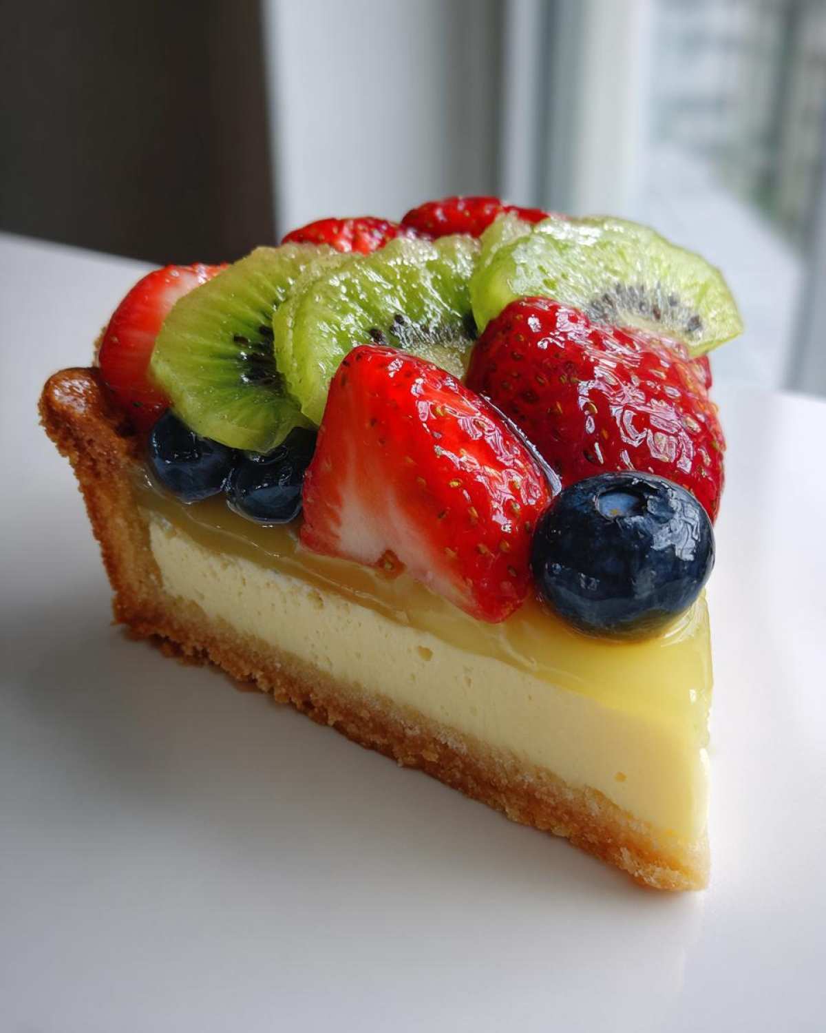 A perfect slice of Fresh Fruit Tart with Vanilla Pastry Cream, topped with glazed strawberries, kiwi, and blueberries.