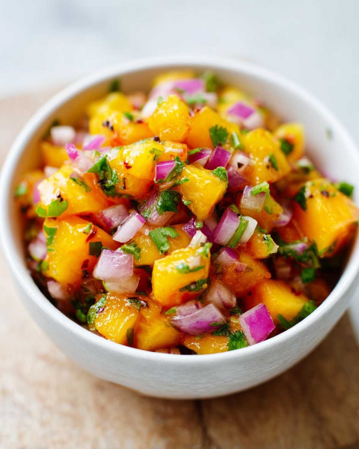 Close-up of a white bowl filled with vibrant Fresh Peach Salsa for Chips or Grilling, featuring diced peaches, red onion, and cilantro.