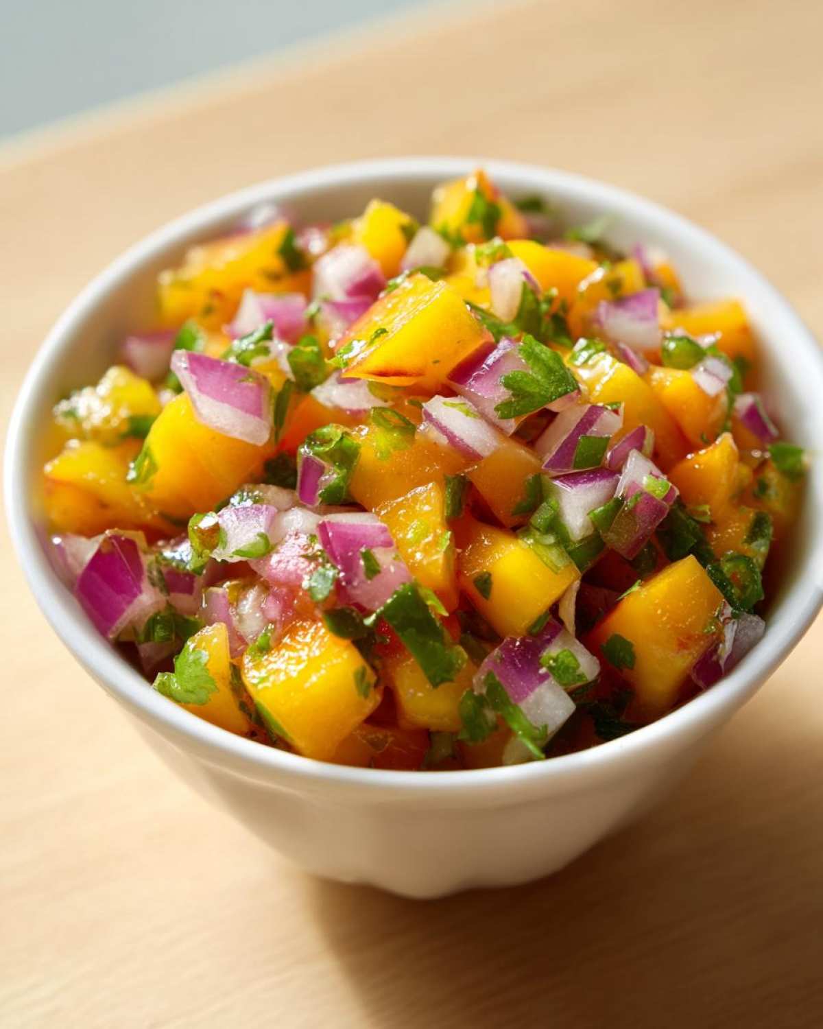 Close-up of vibrant Fresh Peach Salsa for Chips or Grilling, featuring diced peaches, red onion, and cilantro in a white bowl.