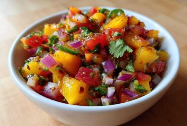Close-up of vibrant Fresh Peach Salsa featuring diced peaches, red onion, and cilantro in a white bowl.