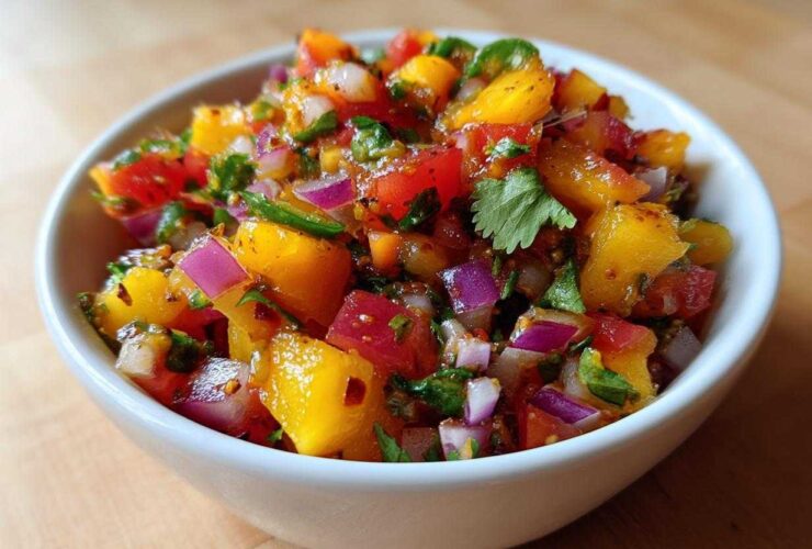 Close-up of vibrant Fresh Peach Salsa featuring diced peaches, red onion, and cilantro in a white bowl.