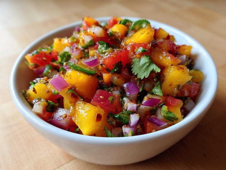 Close-up of vibrant Fresh Peach Salsa featuring diced peaches, red onion, and cilantro in a white bowl.