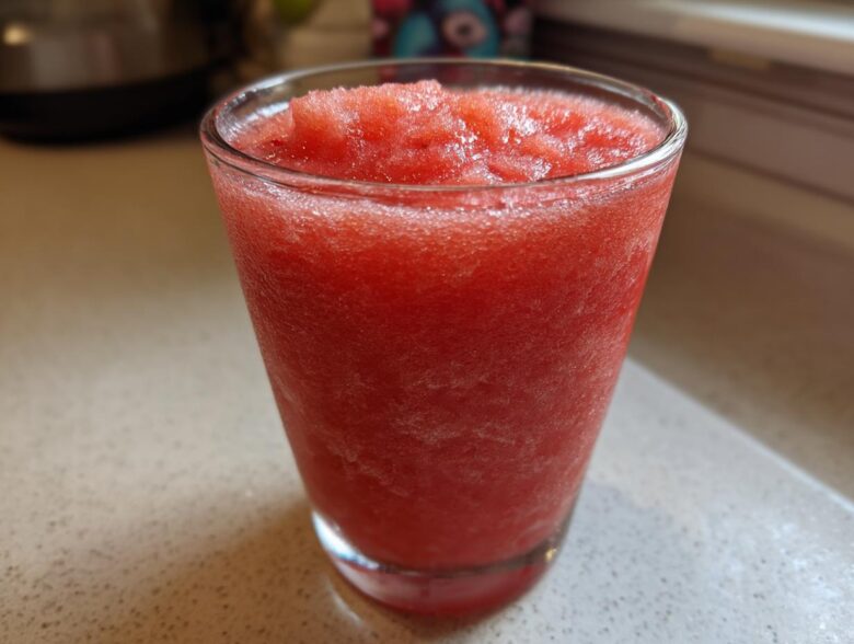 Close-up of a vibrant red, icy Frozen Strawberry Daiquiri Recipe served in a clear glass.
