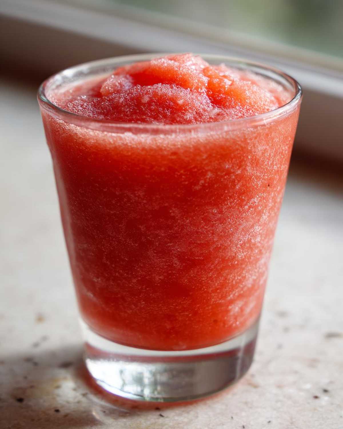 Close-up of a vibrant red, icy Frozen Strawberry Daiquiri Recipe served in a clear glass.