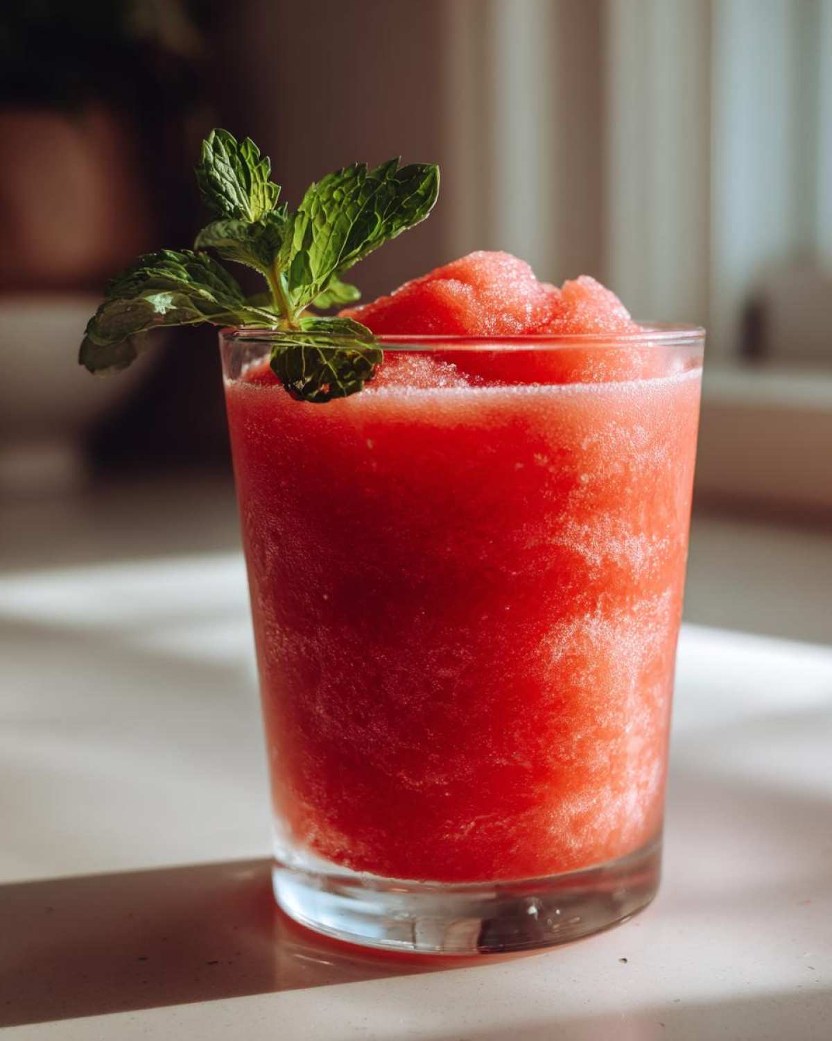 Close-up of a bright red Frozen Strawberry Daiquiri Recipe garnished with fresh mint.