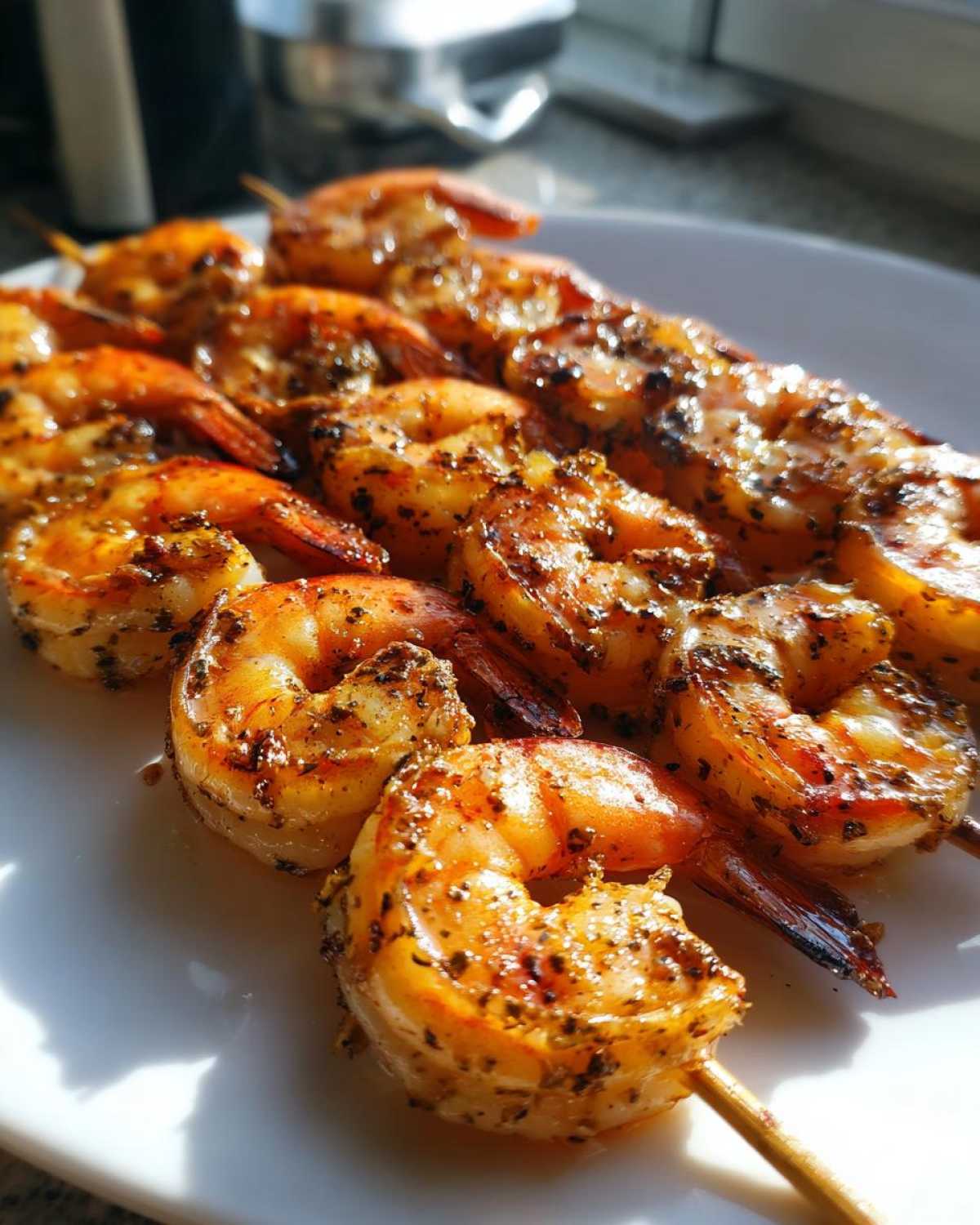 Close-up of several juicy Garlic Butter Grilled Shrimp Skewers resting on a white plate, glistening with seasoning.