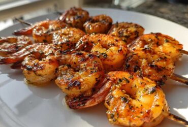 Close-up of several juicy Garlic Butter Grilled Shrimp Skewers resting on a white plate, glistening with butter and herbs.