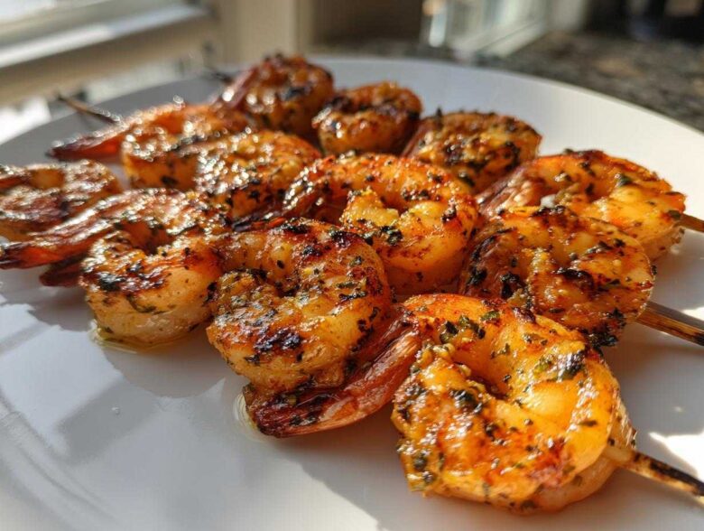 Close-up of several juicy Garlic Butter Grilled Shrimp Skewers resting on a white plate, glistening with butter and herbs.