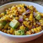 A white bowl filled with vibrant Grilled Corn and Avocado Salsa, featuring charred corn kernels and chunks of green avocado.