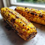 Close-up of two ears of perfectly Grilled Corn on the Cob with chili lime butter, showing char marks.