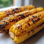 Three ears of perfectly Grilled Corn on the Cob glistening with butter and featuring dark char marks from the grill.