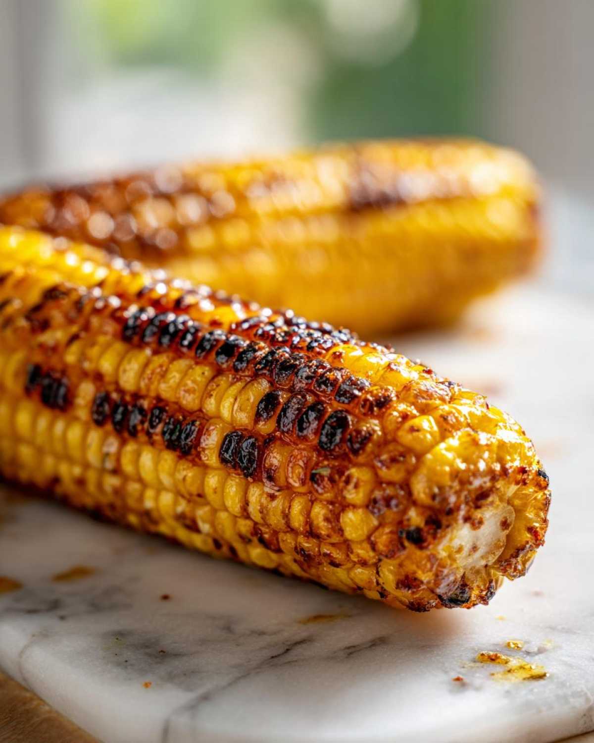 Close-up of perfectly cooked Grilled Corn on the Cob with visible char marks and a glossy coating.