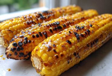 Three ears of perfectly Grilled Corn on the Cob glistening with butter and featuring dark char marks from the grill.