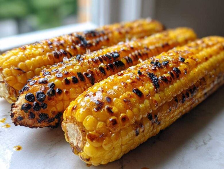 Three ears of perfectly Grilled Corn on the Cob glistening with butter and featuring dark char marks from the grill.