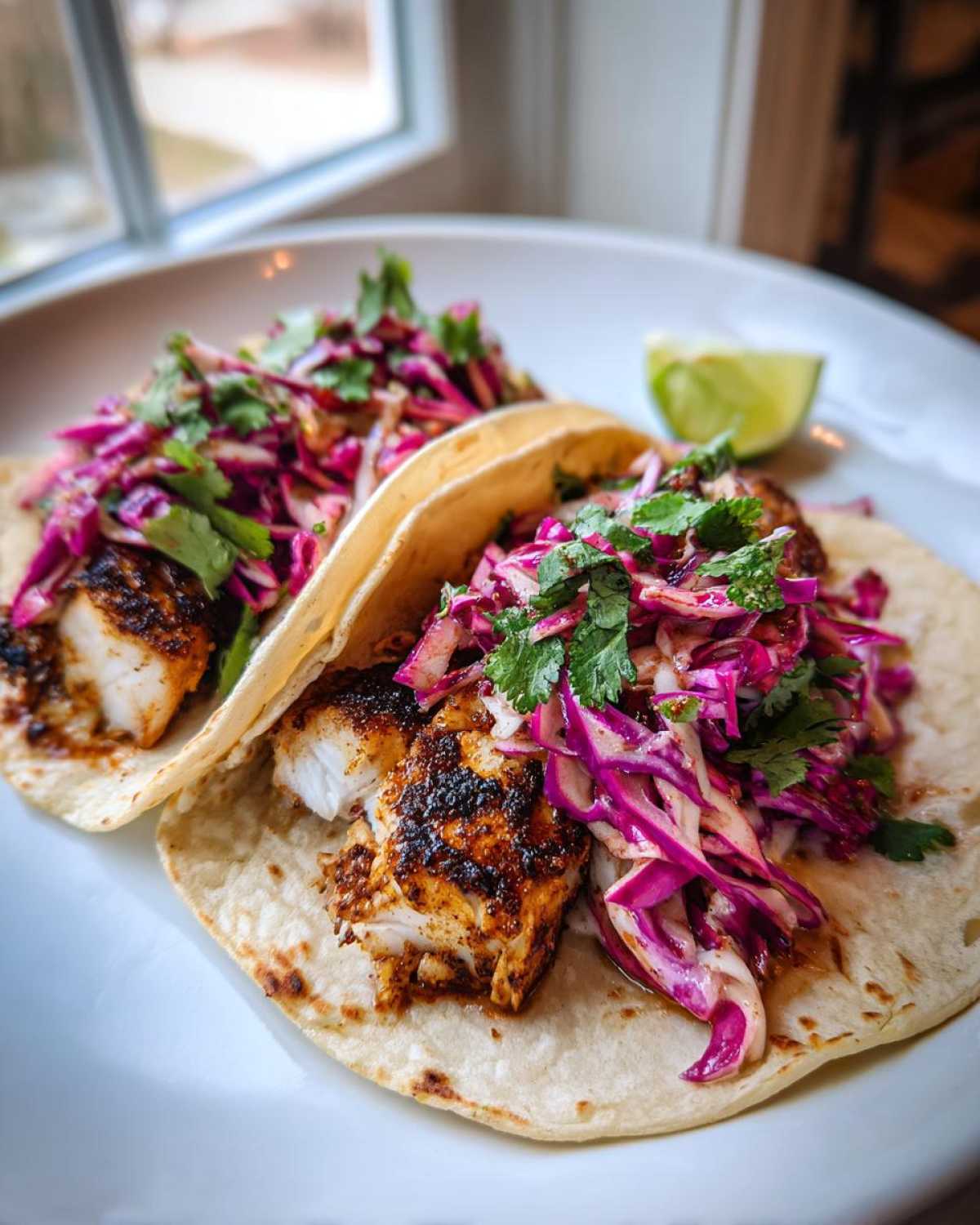 Close-up of two soft corn tortillas filled with seasoned Grilled Fish Tacos with Chipotle Slaw and fresh cilantro.